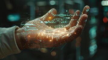 A hand with glowing digital circuitry appears to project data in a high tech lab setting. The lighting creates an atmosphere of innovation and advanced technology. photo