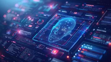 A digital human face is visualized on a high tech interface with glowing graphs and statistics in a modern technological setting, indicating advanced data processing. photo