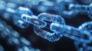 The visual presents a close up of interconnected digital chain links, glowing with binary code and reflecting modern technology. This representation emphasizes data security and blockchain concepts. photo