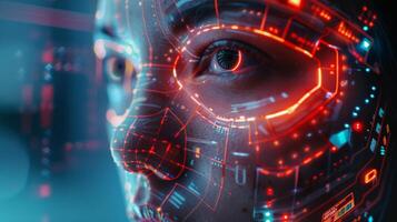 This striking artwork showcases a close up of a person's face, illuminated by intricate red and blue digital patterns that suggest advanced technology and a cybernetic future. photo