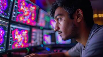 A young man sits at a desk, intensely analyzing vibrant graphs and charts displayed on multiple monitors, immersed in his work in a modern, tech savvy space during the evening. photo