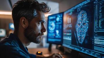 A man with a beard closely examines intricate facial recognition algorithms on several computer monitors in a sleek, dimly lit office. photo
