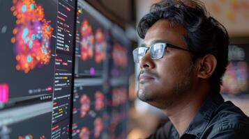 A professional data analyst focuses intently on colorful visualizations displayed on multiple screens in a bright office setting, analyzing information for insights. photo