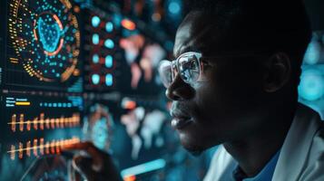 A scientist in a white lab coat observes complex data visualizations on multiple computer screens, focusing on graphs and maps. The environment highlights advanced research and analytics. photo