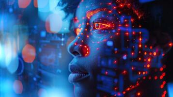 A young individual gazes thoughtfully while surrounded by a blend of colorful digital imagery and data points, highlighting the relationship between technology and self identity in a modern context. photo