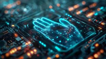 A detailed visual of a hand symbolically composed of digital circuits and glowing lights set against a tech inspired background, representing advanced technology and innovation. photo