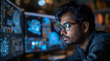 A young male professional is intently working on several computer screens in a modern tech office during the evening hours, engaged in data analysis and coding. photo