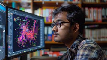 A young person with glasses intently observes multiple screens displaying intricate data visualizations. photo