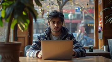 A young man with a serious expression works intently on his laptop at a cafe table. Sunlight pours in, illuminating the warm atmosphere of the space. photo