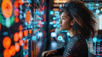 A woman with curly hair thoughtfully interacts with colorful data visualizations on a large digital display, immersed in her work in a contemporary office setting. photo