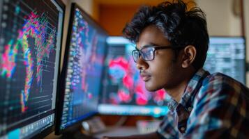 Individual works intently on multiple computer monitors filled with colorful graphs and data visualizations in a comfortable home workspace during the evening. photo