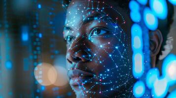 A young individual is seen with a thoughtful expression while being surrounded by vibrant digital projections that resemble data patterns, suggesting advanced technology and innovation. photo