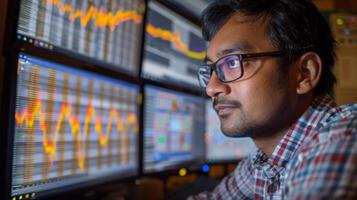 A trader intently observes various financial graphs and charts displayed on multiple screens in a well lit office. The late evening hours enhance the focus on market trends and data analysis. photo