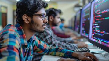 A group of young individuals focus intently on their screens, coding in a technology center, surrounded by monitors displaying colorful lines of code, emphasizing teamwork and skill development. photo