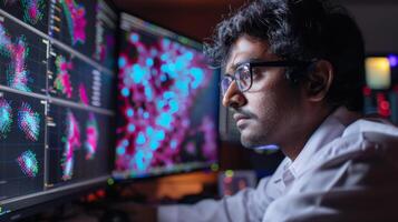 A data analyst intently examines vibrant visual data displays across multiple monitors in a contemporary workspace during the evening hours. photo
