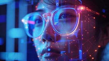 Individual with glasses engaging with futuristic technology in a low light setting, illuminated by vibrant, colorful digital graphics, showcasing a blend of human and machine interaction. photo
