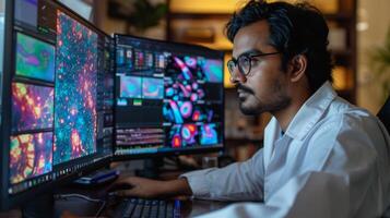 Individual in a lab coat collaborates with advanced technology by analyzing visual data on several large screens in an office setting at night, showing intense concentration and expertise. photo