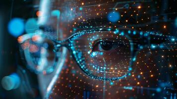 Focused gaze showcases a person's eye surrounded by vibrant digital graphics. Bright dots and lines symbolize data and technology in an innovative environment. photo