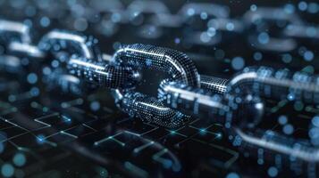A close up view of digital chain links emphasizes the importance of connectivity and security in technology, highlighted by shimmering blue lights in a dark setting. photo