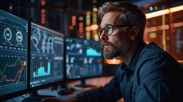 A man with a beard sits in a dimly lit office, intently reviewing various financial graphs and data visualizations on several computer monitors during the evening hours. photo