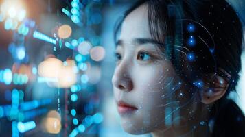 A woman focuses intently as she examines intricate digital data and holographic visuals in a high tech environment, showcasing innovation and concentration during evening time. photo