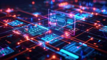 Bright neon patterns create a complex digital landscape, featuring interconnected circuit designs and glowing nodes that represent advanced technology concepts and data flow. photo