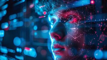 A young individual interacts with glowing digital data in a futuristic environment, surrounded by vibrant colors and intricate patterns, suggesting deep concentration on technology and innovation. photo