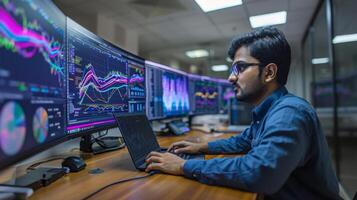 Individual focuses on intricate data visualizations displayed on multiple monitors, researching market patterns and performance metrics in a contemporary office environment. photo