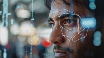 A close up view of a man's face shows facial recognition technology analyzing features with digital patterns overlaying in a bustling tech setting during the day. photo