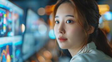 A young woman intently analyzes financial data on multiple digital screens in a contemporary office. The ambient lighting highlights her concentration in the evening hours. photo