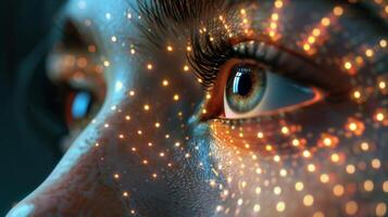 A close up captures the beauty of an eye surrounded by intricate light patterns and reflections, showcasing artistic creativity in a vibrant urban atmosphere during evening hours. photo