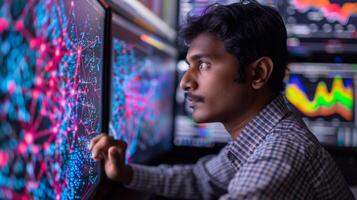 A young man focused on interpreting intricate data visualizations displayed on several monitors while working in a contemporary office during evening hours. photo