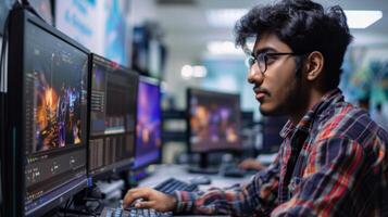 A young man is intently working on graphic design tasks at a desk filled with computer screens in a bright, modern workspace. He is using editing software to create engaging visuals. photo