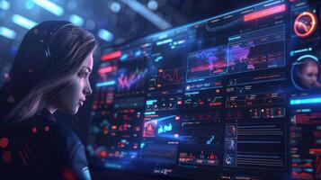 A person focuses on multiple screens displaying data analytics and maps in a futuristic control room, immersed in a high tech environment illuminated by blue light. photo