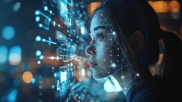 A woman looks thoughtfully at illuminated data visualizations projected beside her in an urban setting, showcasing advanced technology and innovation, with a city background. photo