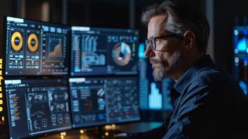 Focused individual is reviewing intricate data visualizations on several screens in a contemporary workspace, highlighting the importance of digital analytics. photo