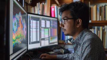 A young man is intently examining multiple computer screens filled with colorful data visualizations and charts. The warm library environment features wooden shelves filled with books. photo