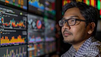 An individual examines intricate market data displayed across several screens in a finance office, deeply engaged in analysis during evening hours. photo