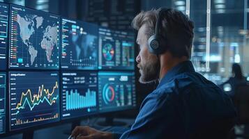 A focused data analyst wearing headphones analyzes various market trends on multiple screens displaying graphs, maps, and statistics in a contemporary office setting at night. photo
