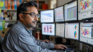 Man focused on analyzing data trends while seated at a desk surrounded by multiple computer monitors showcasing various graphs and charts in a bright office setting. photo