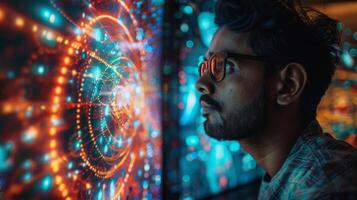 A young man observes captivating digital art and light patterns on multiple screens, surrounded by a lively atmosphere that enhances his curiosity and fascination. photo