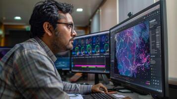 A focused individual engages in data analysis at a workstation, utilizing multiple monitors that showcase intricate visual representations of data analytics in a contemporary office setting. photo