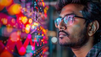 A man with glasses focuses on colorful data visualizations displayed on a screen in a contemporary office. The lighting creates a vibrant atmosphere around him. photo