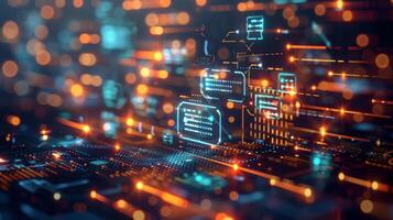 A dynamic representation of a digital network with glowing circuits showcasing data transmission in a high tech environment. The scene illustrates vibrant colors and intricate designs. photo