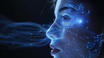 A creative representation of a woman's profile enhanced with glowing lines and particles, illustrating a modern fusion of technology and art in a dark setting. photo