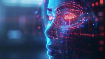 A futuristic digital representation features a human face outlined by glowing circuits and vibrant data patterns, showcasing the theme of artificial intelligence and technology advancement. photo