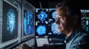A professional focused on analyzing complex data visualizations displayed on multiple screens in a high tech control room during the evening, showcasing advanced technology and analysis. photo