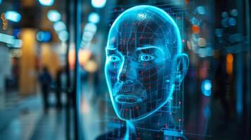 A highly realistic digital face glows with blue light, while patterns and data points surround it. Visitors in the background explore a technology exhibition focusing on AI innovations. photo