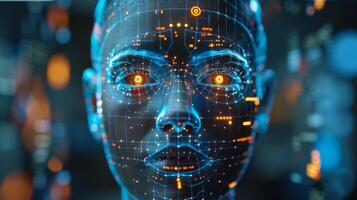 A detailed representation of a digital face features glowing eyes and an elaborate circuit design. The artwork emphasizes technology and innovation in a modern context. photo