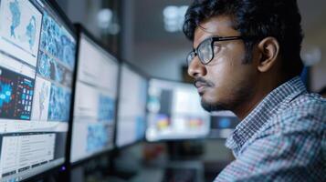 A professional studies complex data visualizations on various monitors while seated in a contemporary control room. The lighting enhances the high tech atmosphere. photo